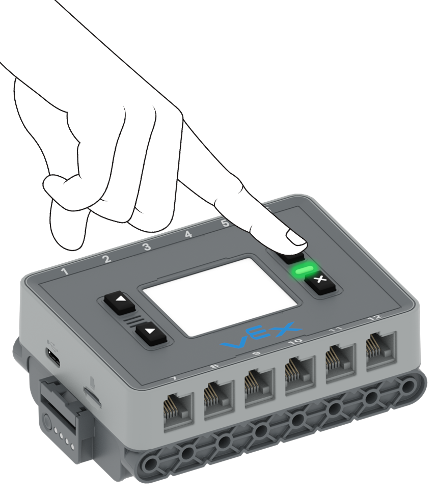 Diagram shows a finger holding down the Brain's Check button to turn it on.