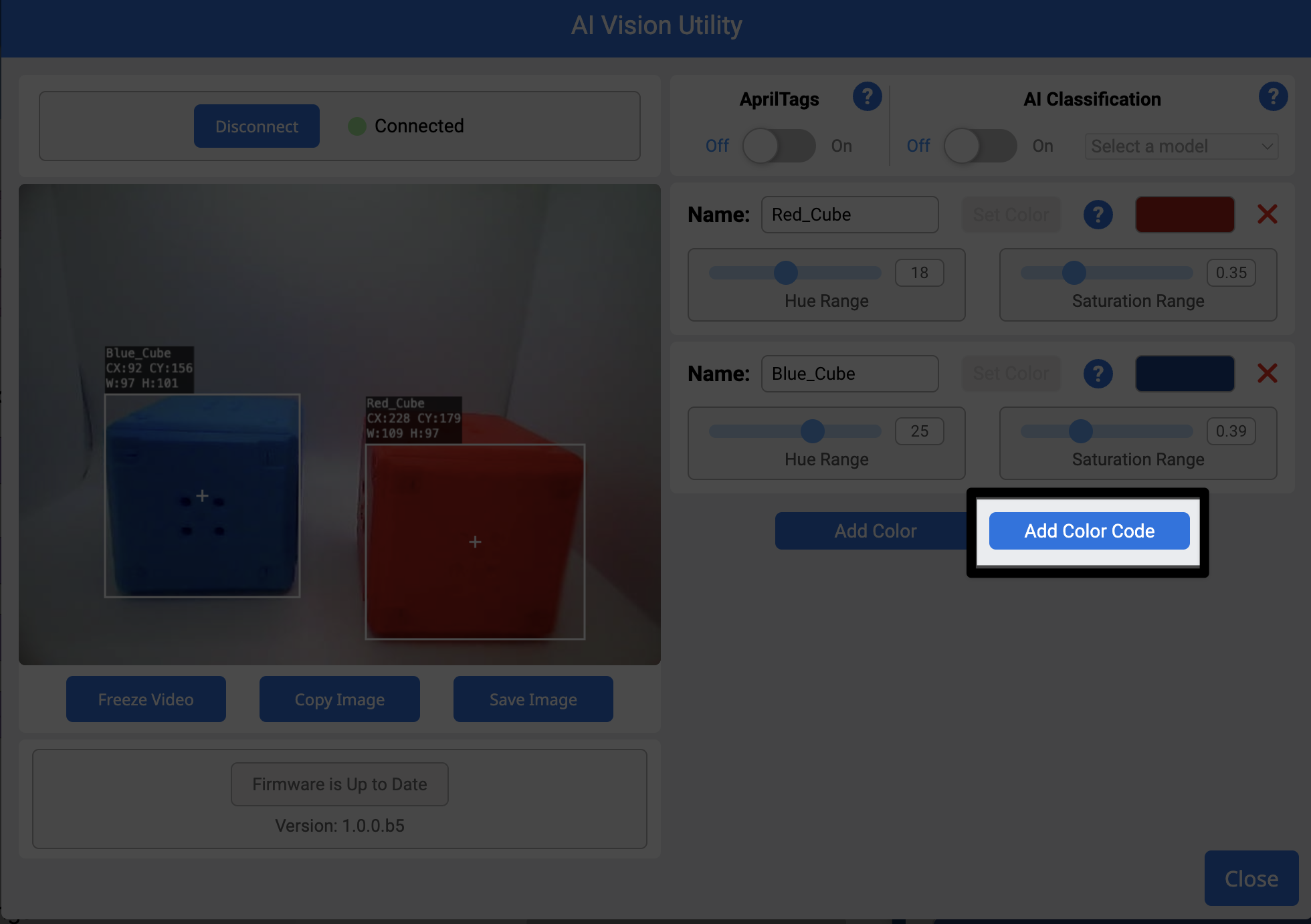 The open AI Vision Utility with color signatures configured for a red and a blue cube. The Add Color Code button is highlighted.