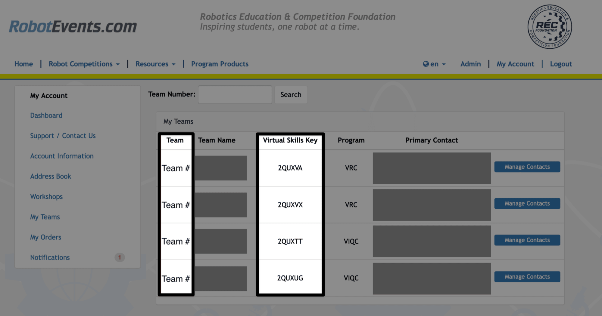 The My Teams page in the Robot Events website, with the first column for Team Number and the third column for Virtual Skills Key highlighted.