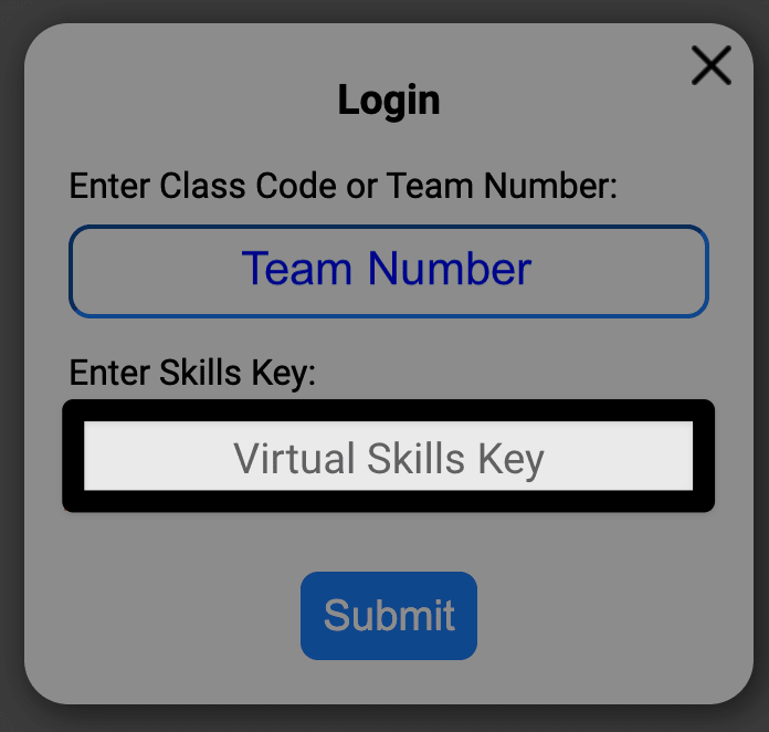 Login prompt that reads Enter Class Code or Team Number. The Team Number has been entered, and below a text field the enter the team's Virtual Skills Key is highlighted.
