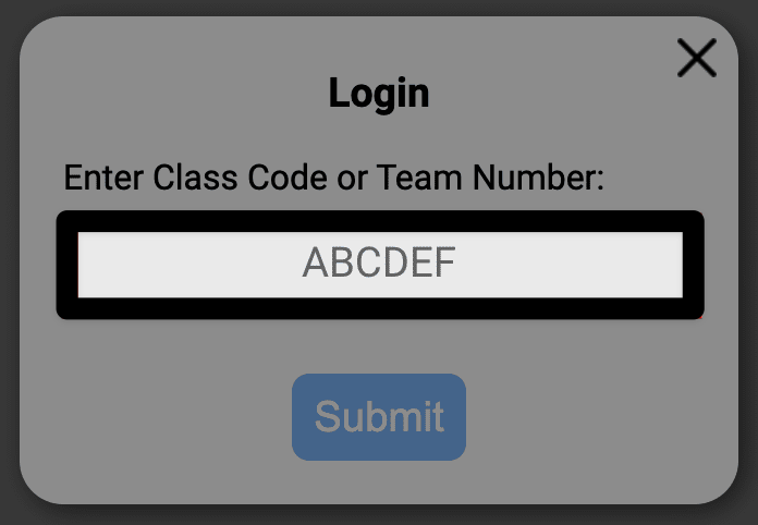 Login prompt that reads Enter Class Code or Team Number. The text field to enter the code is highlighted below.