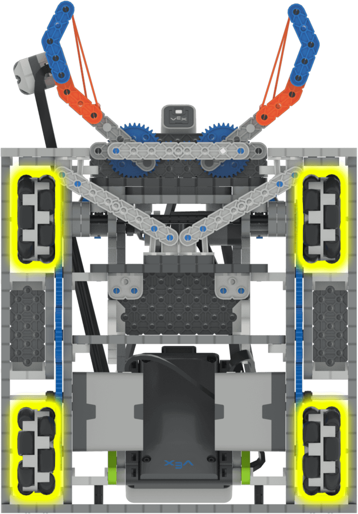 The underside of Huey with the four omni-directional wheels highlighted.