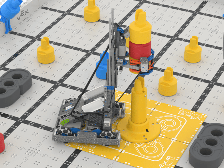 Huey on the Field hold a stack of red and orange pins above the center Standoff goal, ready to score the stack on the goal.