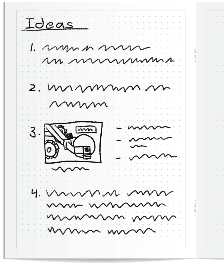 Sample Notebook page reads Ideas at the top, with a numbered list of scribbles and a sketch to indicate notes for ways to solve the challenge.
