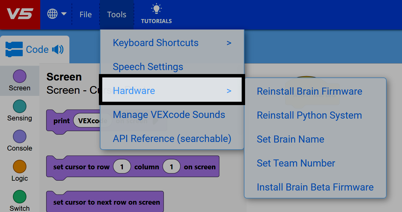 VEXcode V5 Tools menu with Hardware submenu expanded showing options: Reinstall Brain Firmware, Reinstall Python System, Set Brain Name, Set Team Number, and Install Brain Beta Firmware.