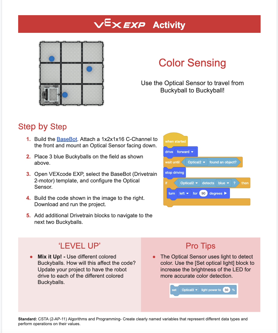 Screenshot of the VEX EXP Color Sensing Activity, shown as an example.