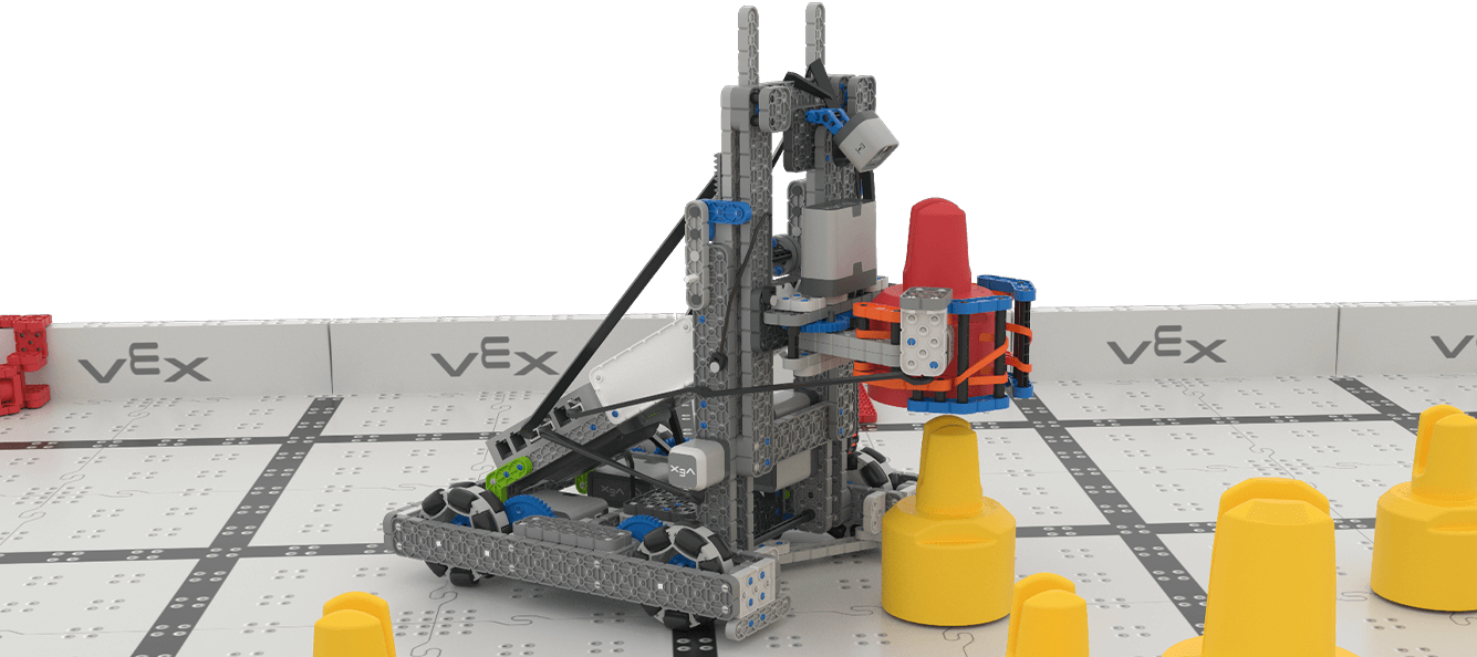 The Herobot Huey lowering a red Pin onto an Orange Pin to make a stack.