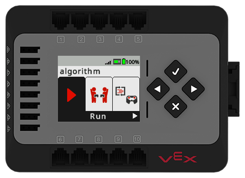 Brain screen is shown in the Project menu for the project named algorithm. The Run option is selected.