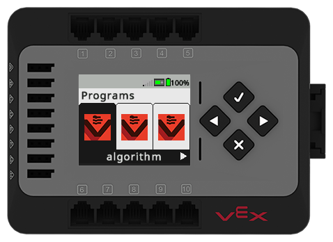 Brain screen is shown in the Programs menu with a VEXcode Project in slot 1 selected and named algorithm.