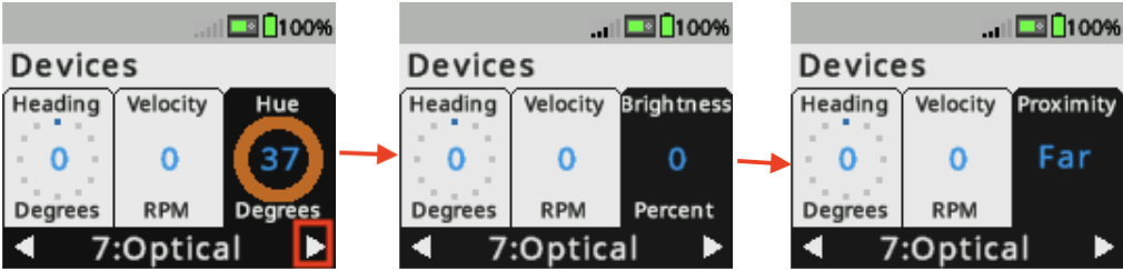 Brain screen is shown in the Devices menu with the Optical sensor selected. Three screenshots show the Check button being used to scroll through the Optical sensor's data options. First, the sensor is reporting the Hue value, then Brightness, and then Proximity.
