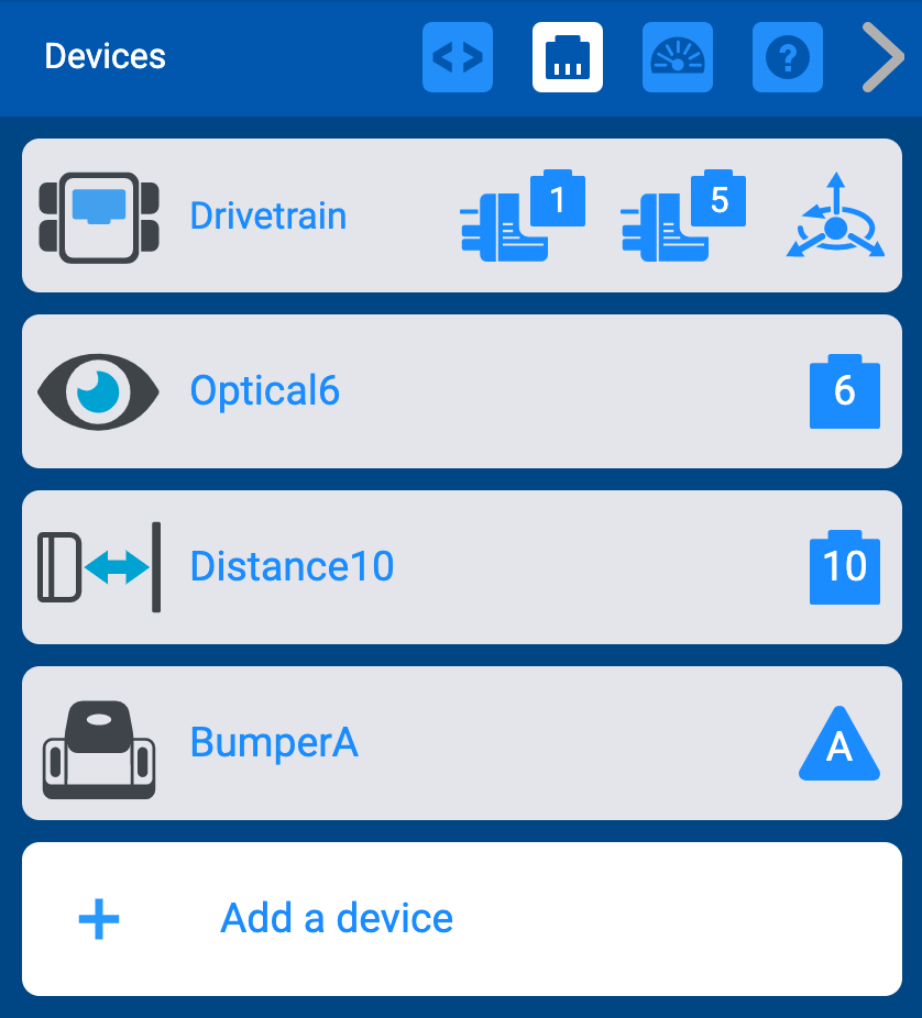 VEXcode EXP Devices menu with a long list of connected devices shown. This menu can be used to make sure each sensor is connected properly, and to check its specific port on the Brain.