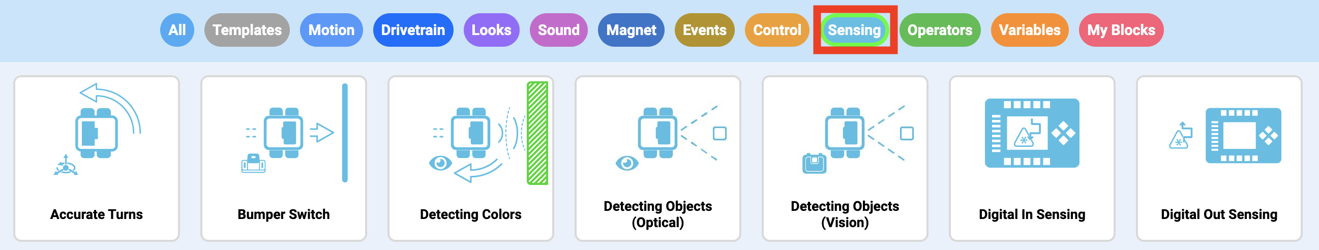 VEXcode Blocks Example Projects menu with a variety of projects across different categories to choose from. The Sensing category is highlighted.