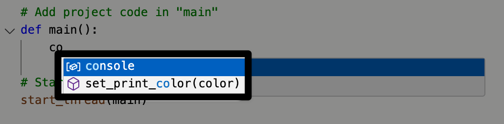 A screenshot of the selection menu appearing as the first two letters, co, of a command are typed. The three options that include co are listed in a drop down menu that is highlighted by a red box. The options read console, and set print color.