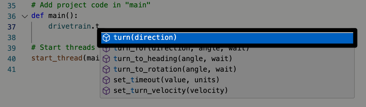 A screenshot of the item selection to add the next part of a command that begins robot dot s. The first option listed for screen is highlighted.