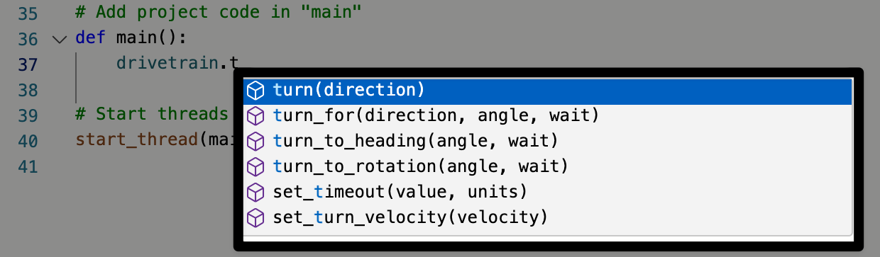 A screenshot of the dot operator selection to add the next part of a command that begins robot dot screen dot s. The whole list of available commands that begin with t is highlighted.