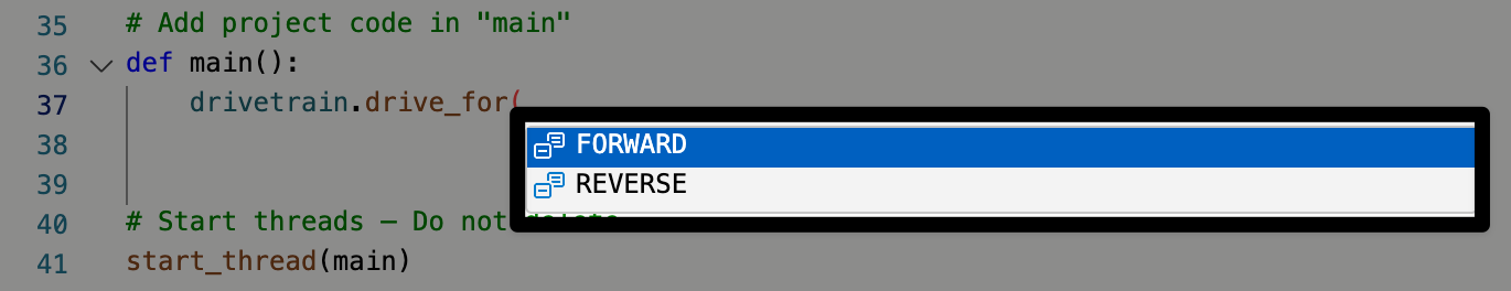 A screenshot of the parameter options to complete the drivetrain dot drive fore method. The first parameter listed is highlighted, showing that FORWARD is selected.
