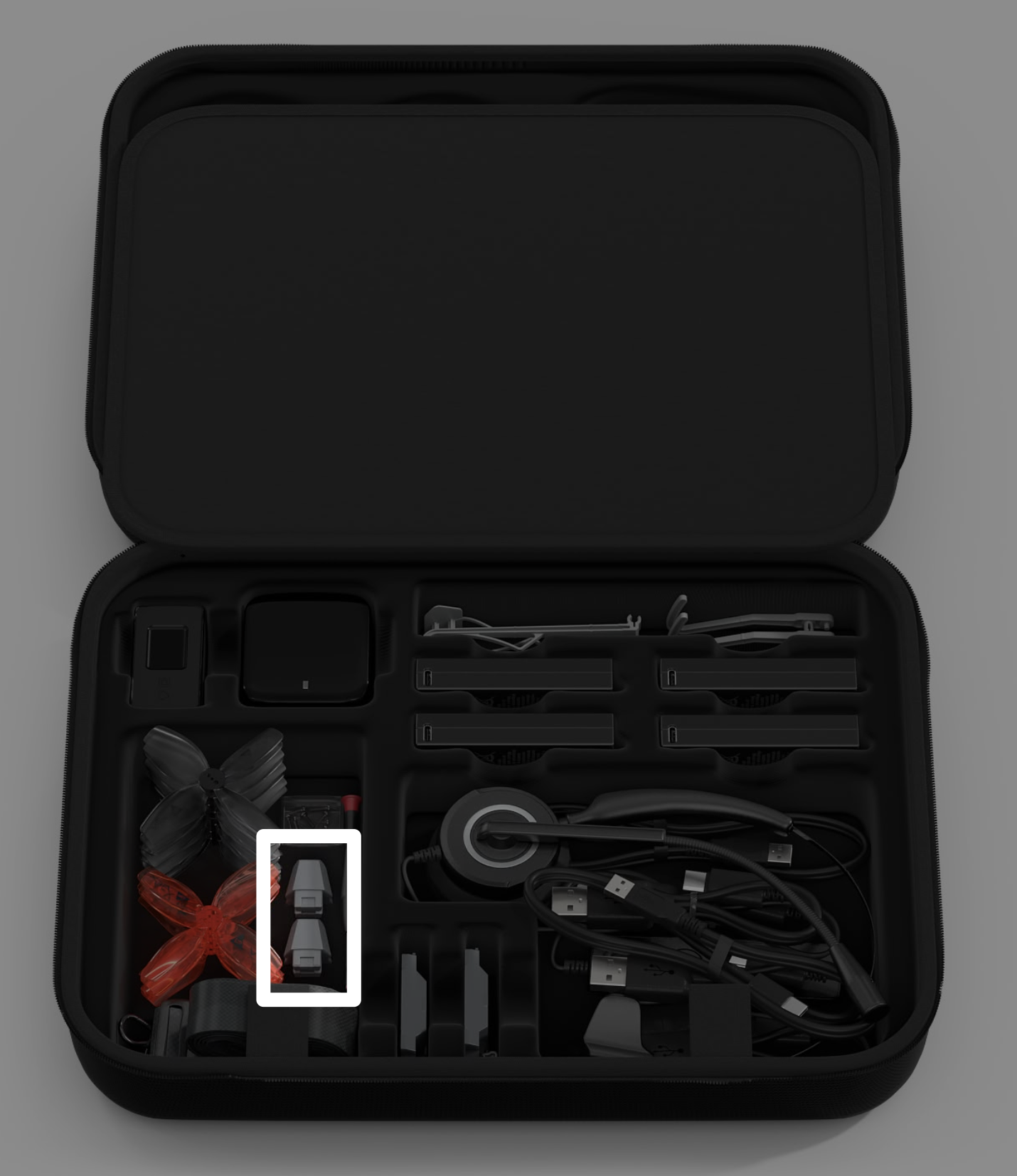 VEX AIR Drone Kit case with a callout on the extra landing feet to the right of the propellers..