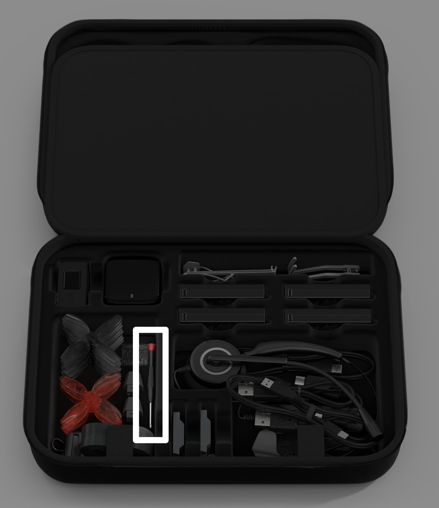VEX AIR Drone Kit case with a callout on the screwdriver in the center..