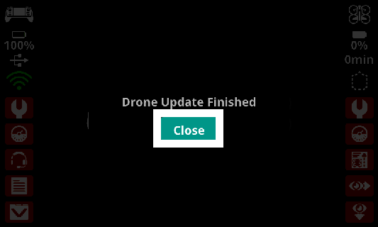 Drone Update Finished message on controller screen with Close button highlighted.