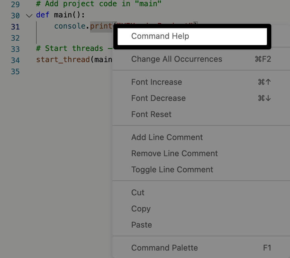 Context menu on one of the command to show the command help