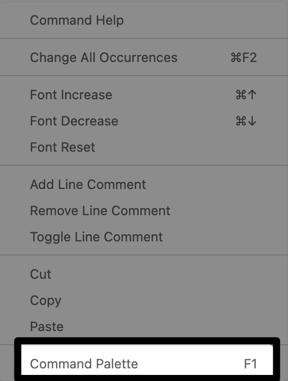 Right click context menu with the command palette option highlighted.
