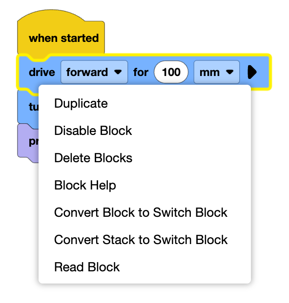 VEXcode GO with the context menu open on the first block, drive forward for 100 mm.