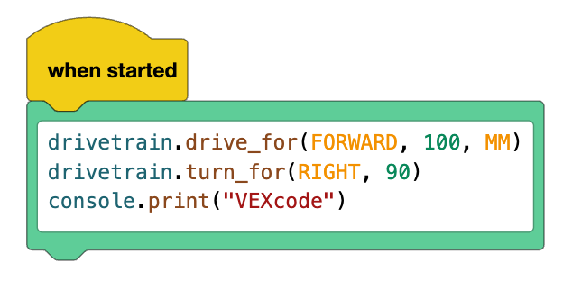 VEXcode GO, when started, drivetrain.drive_for forward, 100, mm. drivetrain.turn_for right 90 degrees and console.print VEXcode