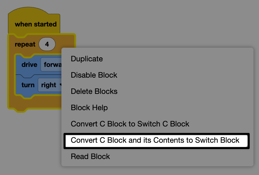 Same image as above, with highlighted convert C block and its contents to Switch block