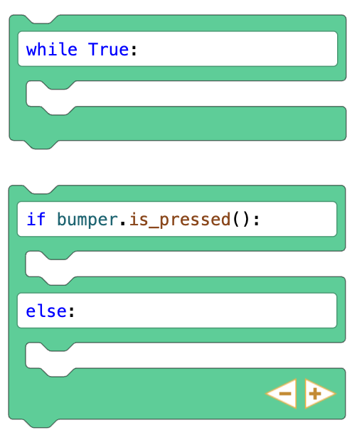 while True block in a C shape block. If bumper.is_pressed() and else: in an E shape block
