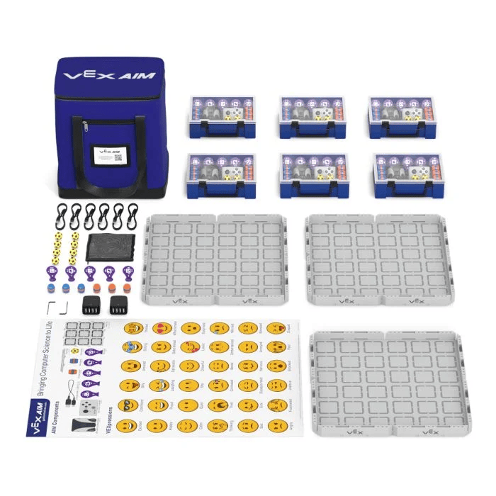 An AIM Classroom Bundle showing all of the contents out of the bundle bag. From the top left, working clockwise the image shows a bundle bag, 6 AIM Kits in plastic boxes, 3 Fields with walls build, a classroom poster, two multi-charger, two allen wrenches, a complete set of spare elements and their zipper storage bag, and 6 extra USB-C cables. 