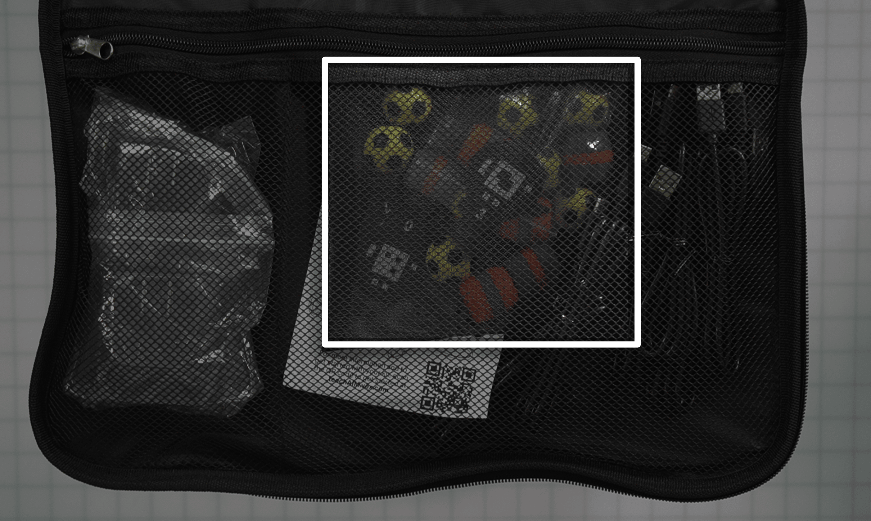 The same image as the one previously in this column, showing the zippered pouch with accessories highlighted in the center of the zipper pocket, in the larger section to the right.