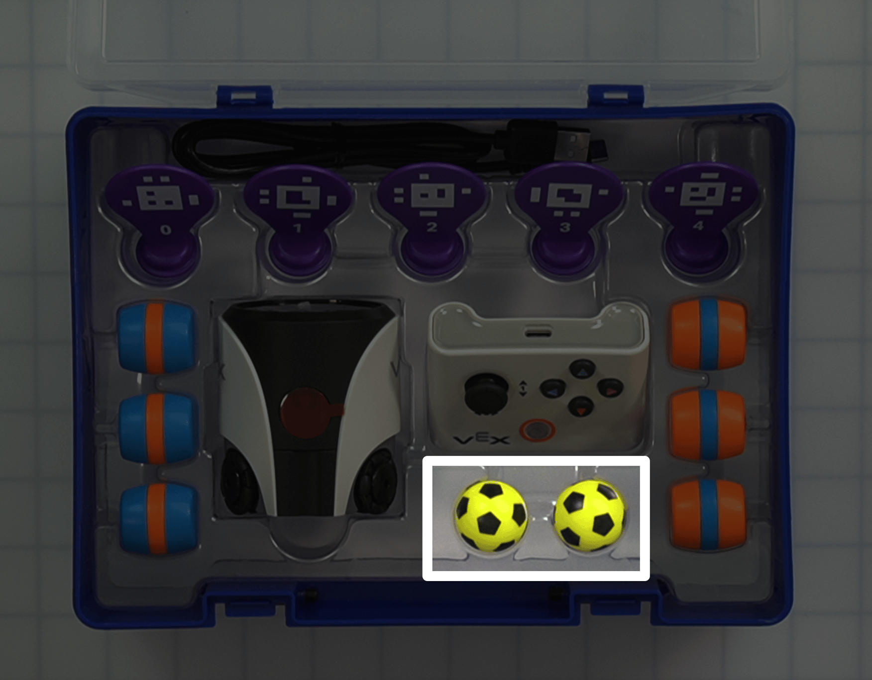 The same image as the one previously in this column with the two sports balls highlighted below the controller, in the center right of the box.