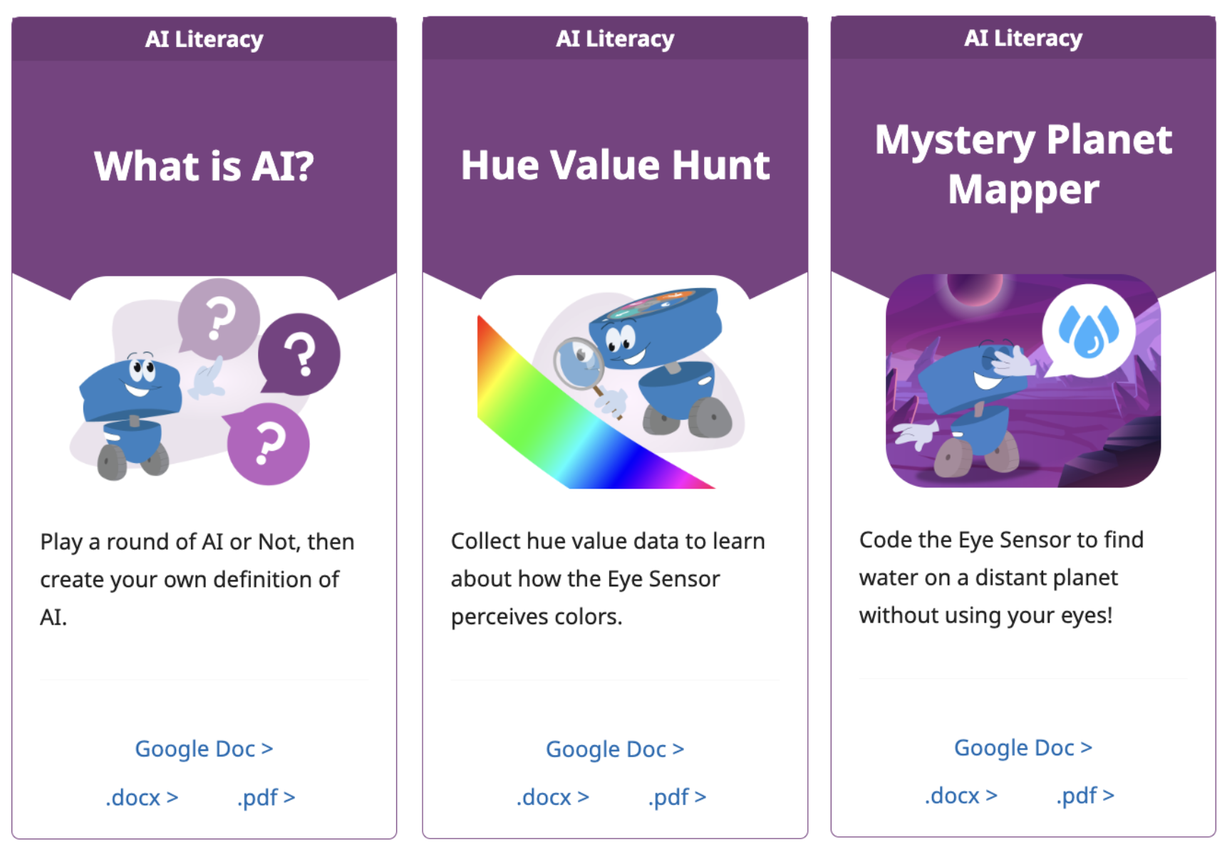 A screenshot of three 123 Activity tiles, showing What is AI?, Hue Value Hunt, and Mystery Planet Mapper.