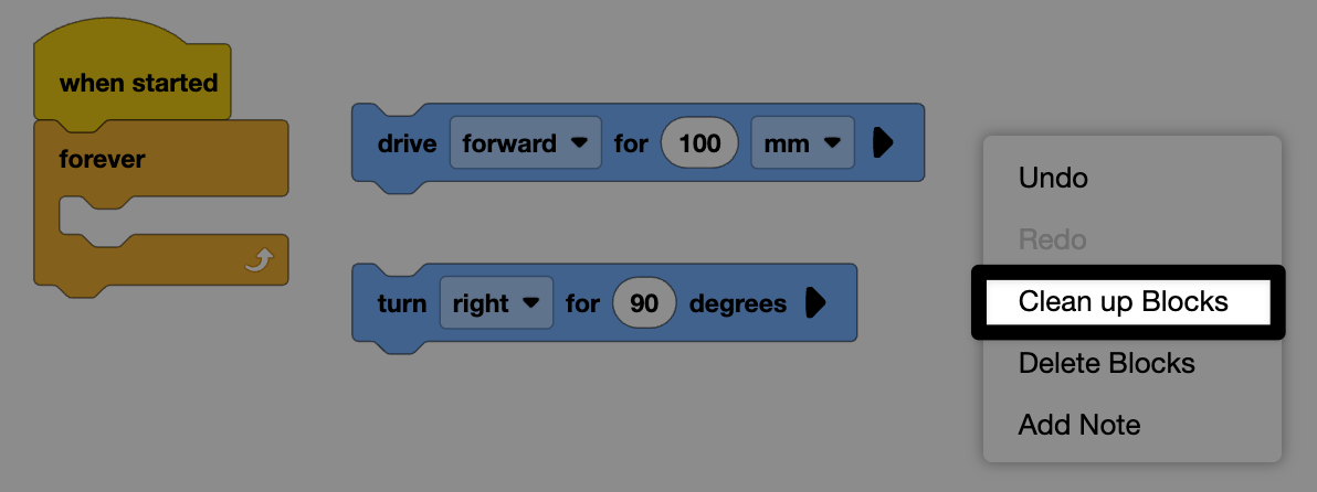 VEXcode GO with forever attached to when start, drive forward for 100 mm and turn right for 90 degrees. Then clean up blocks is highlighted in the context menu.