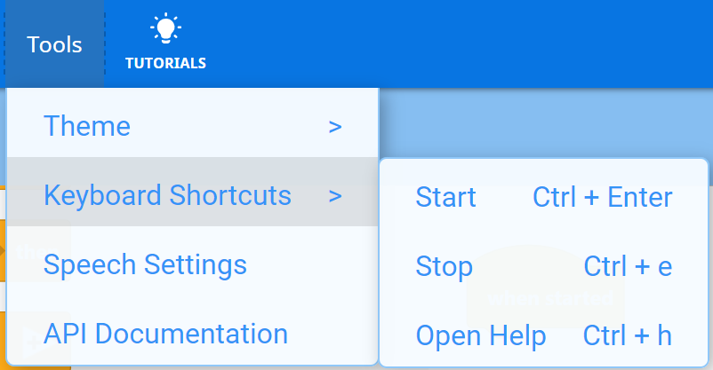 VEXcode EXP Windows Toolbar with the Tools dropdown menu open and the Keyboard Shortcuts option selected. The available Keyboard shortcuts are shown in a second dropdown menu to the right, with 3 options that read Start, Stop, and Open Help. Each option has a corresponding keyboard hotkey. The Start hotkey is the Control key with the Enter key, the Stop hotkey is the Control key with the E key, and the Open Help hotkey is the Control key with the H key.