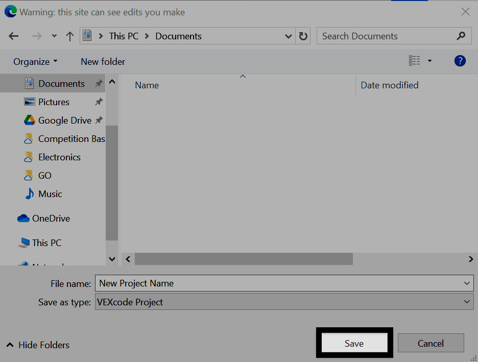 Windows save dialog showing file name 'New Project Name' with Save button highlighted.