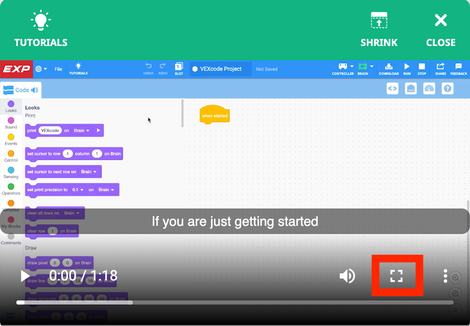 Tutorial video is open, and the fullscreen icon on the bottom right is highlighted.