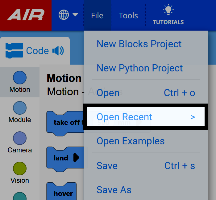VEXcode AIR File menu open with Open Recent option highlighted.