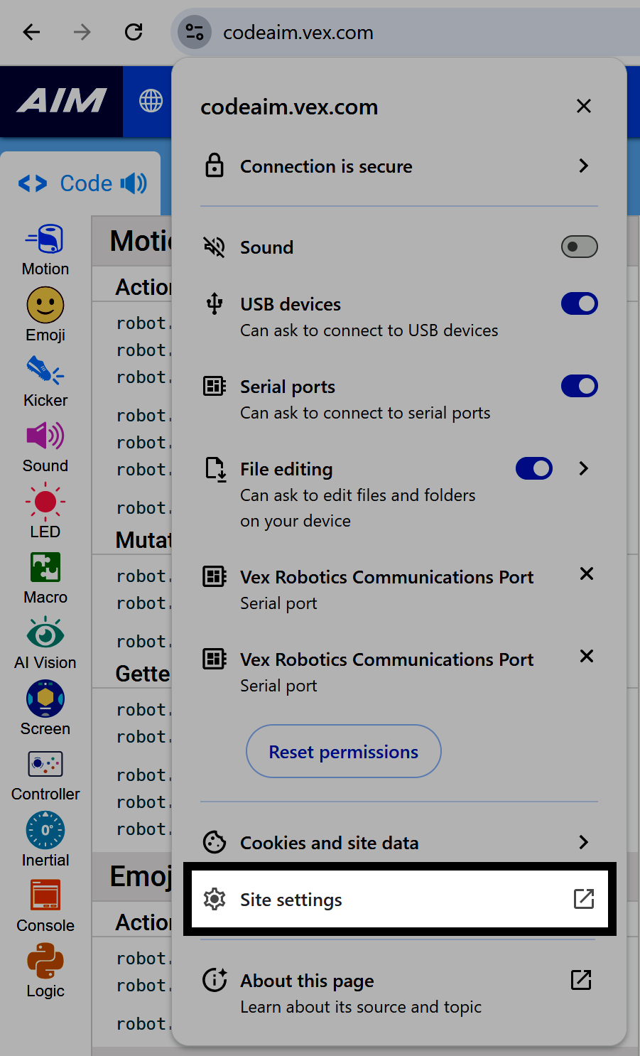 Browser site information panel for codeaim.vex.com with Site settings option highlighted.