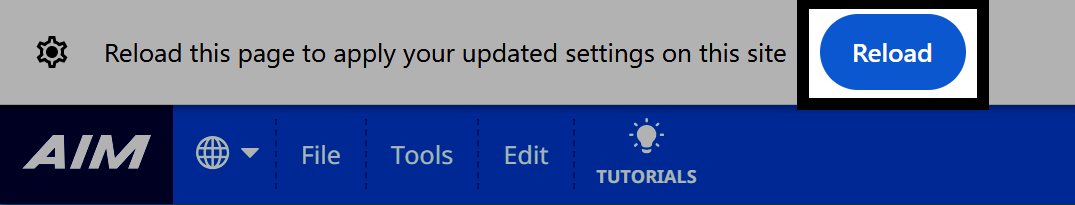 Notification bar in browser prompting to reload page to apply updated settings, with Reload button highlighted.