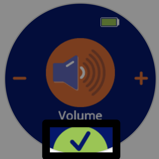 Same volume icon with one line white and four grey. A callout is on the green check at the bottom of the screen.