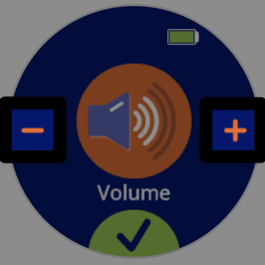 Same icon as before with five lines eminating from the microphone. The three lines closest to the microphone are white and the other two are grey. Callout boxes are on the plus sign on the right and on the minus sign on the left of the microphone.