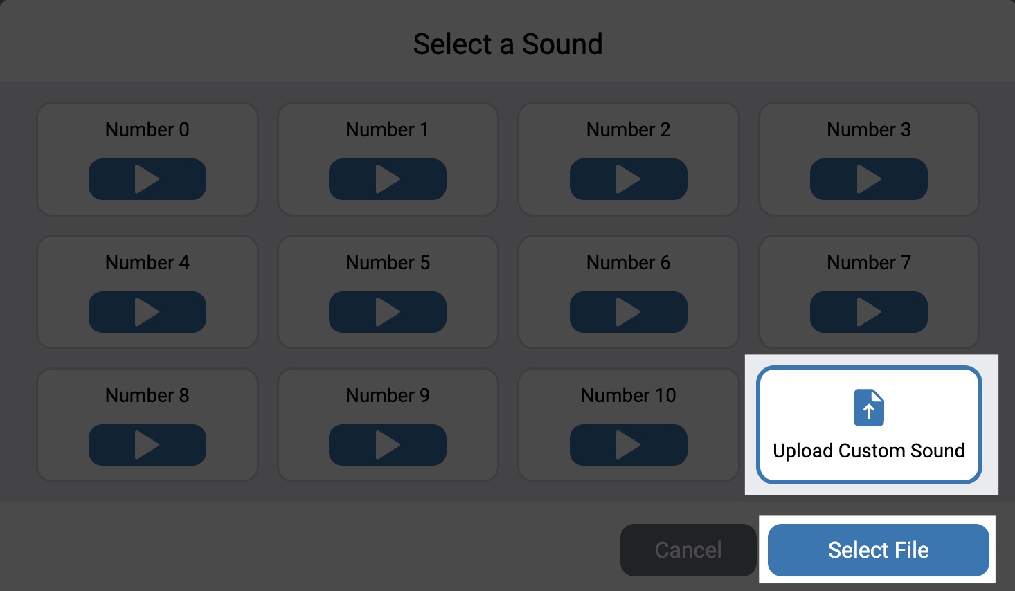 The Sound Selector window showing all available sounds is shown, with the Upload Custom Sound button at the bottom right and the select file button highlighted.