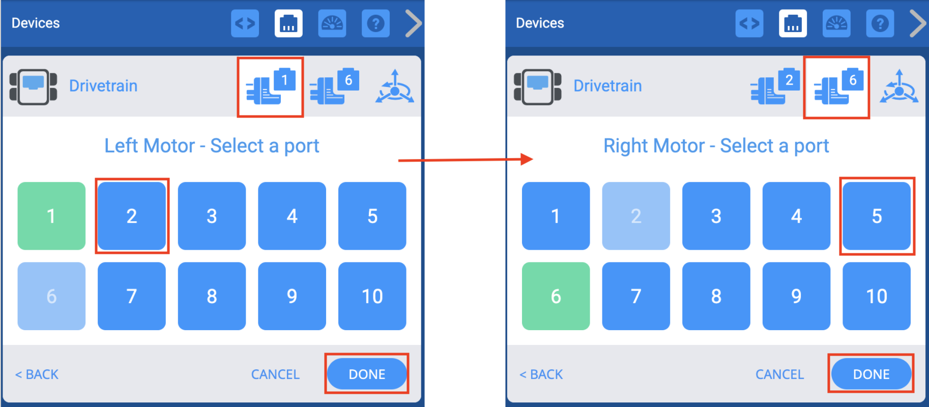Two screenshots side by side that show the Port Selection menu being used to change already set Port numbers for the Motors. Previously selected Ports will show green, and after selecting the new ones the user can press Done to save the changes.