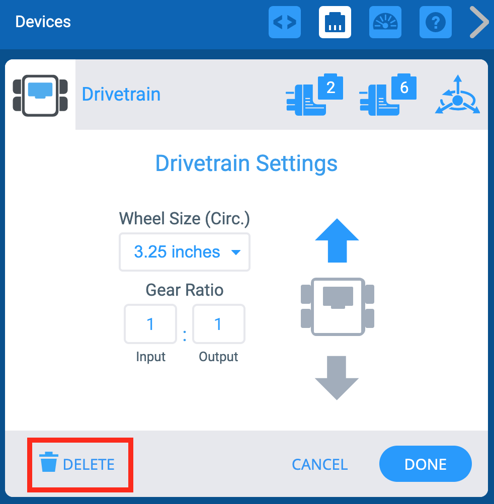 VEXcode EXP Devices window with the Drivetrain Settings menu shown. Below, the Delete button is highlighted.