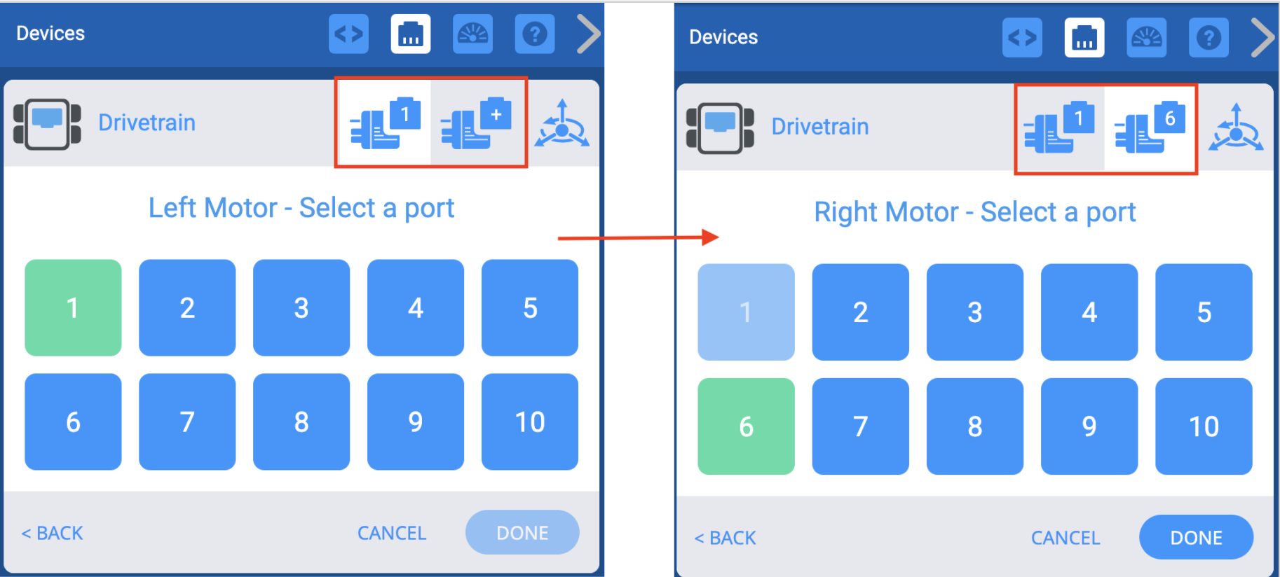 Two screenshots side by side that show the Port Selection menu being used to change already set Port numbers for the Motors. Previously selected Ports will show green, and after selecting the new ones the user can press Done to save the changes.