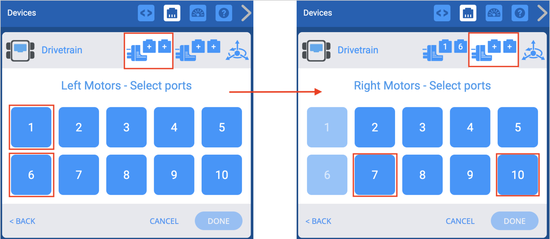 Two screenshots side by side that show the process of selecting Ports for the 2 Left Motors and the 2 Right Motors.