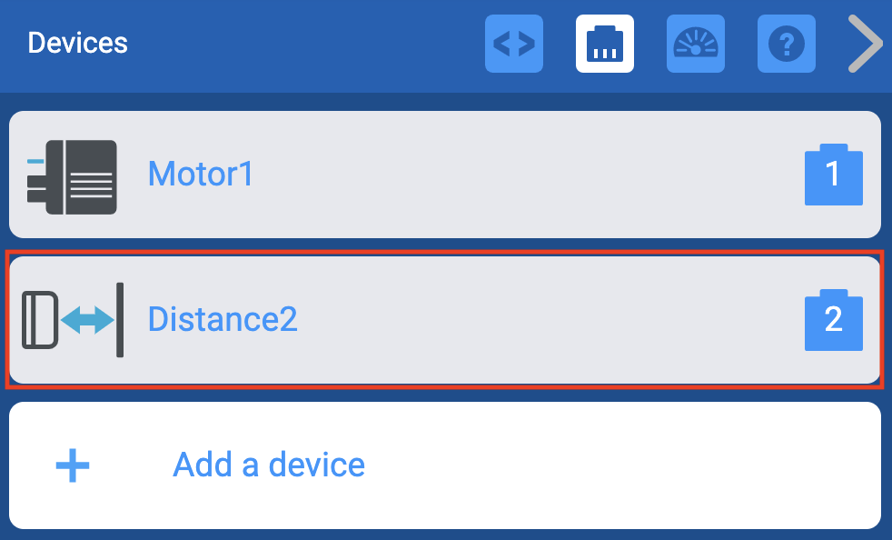 VEXcode EXP Devices menu with the previously added Distance sensor highlighted.