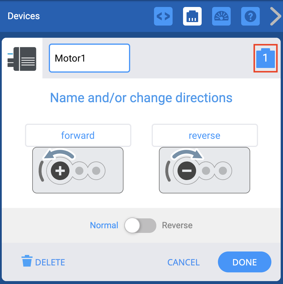 VEXcode EXP Devices window with the Motor options shown. Above, the icon of the Motor Port is highlighted.