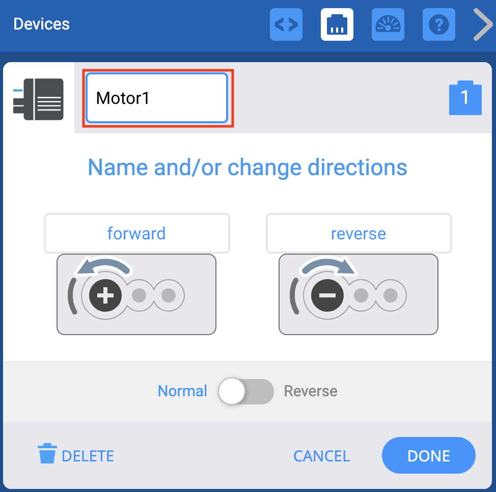 VEXcode EXP Devices window with the Motor options shown. Above, the Motor's name is highlighted to indicate that it can be renamed.